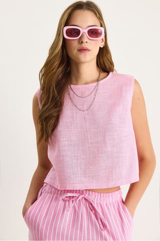 Linen Blend Cropped Crew Neck Blouse