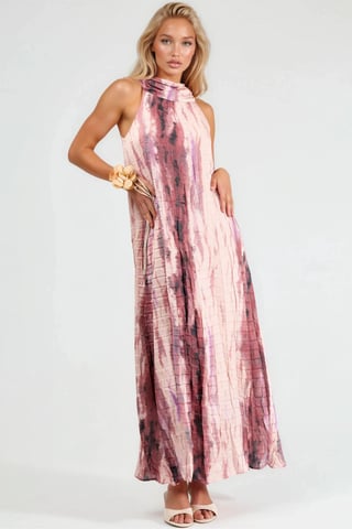 Textured Abstract Pattern Maxi Dress with Halter Collar