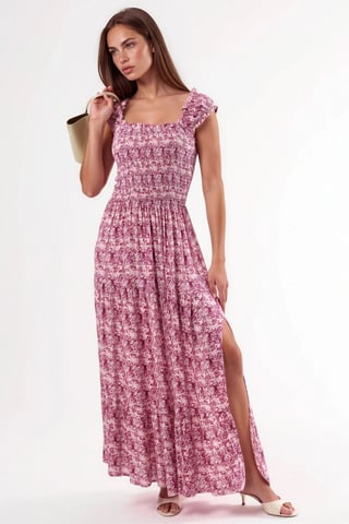 Paisley Print Maxi Dress with Square Collar