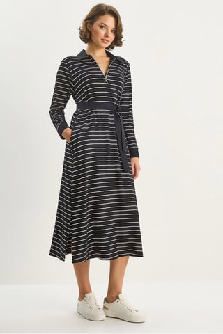 Striped Midi Dress with Shirt Collar