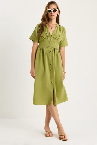 V-neck Buttoned Midi Shirt Dress