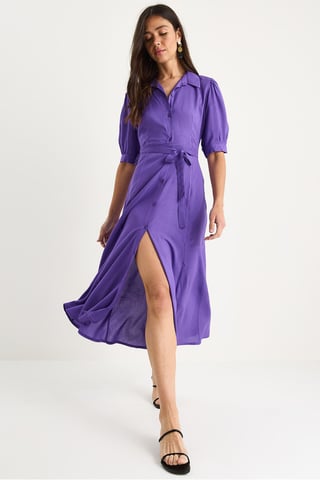 Button Closure Midi Dress with Shirt Collar