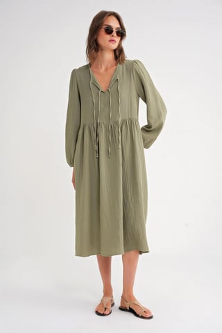 V-Neck Tie Closure Midi Dress
