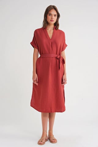 Belted Short-Sleeve Midi Dress