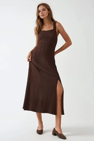Textured Midi Dress with Square Collar