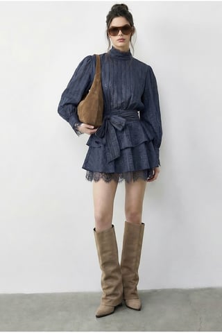 Textured Mini Dress with Half Turtleneck and Lace Detail