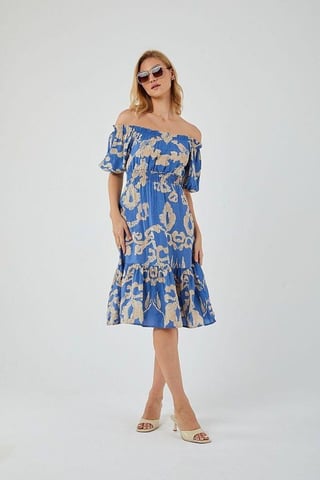 Blommig Volang Off-Shoulder Midiklänning med Knytning