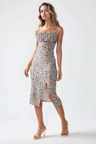 Allover Flower Print Bodycon Midi Dress with Slit