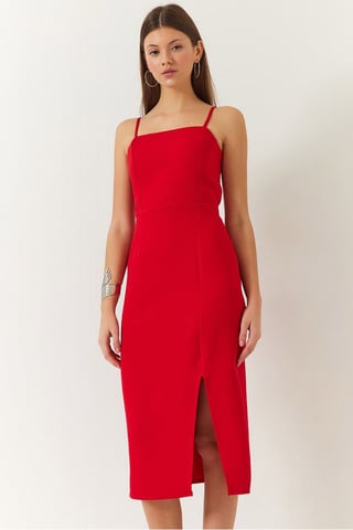Midi Dress with Square Collar and Slit