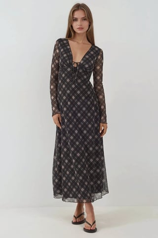 Djup V-ringad Elegant Midi Rutig Bodycon Klänning