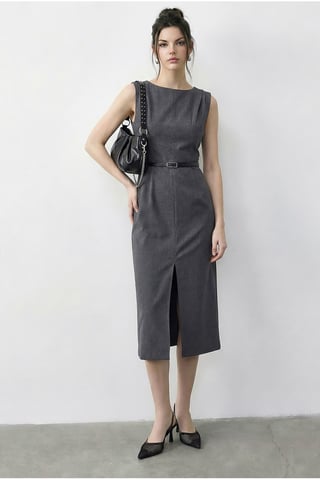 Belted Midi Pencil Dress with Boat Neck