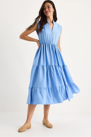Textured Striped Midi Dress with V-Neck and Ruffle Detail