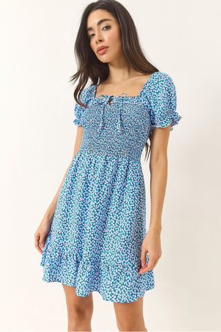 Mini Floral Ruffle Square Collar Dress