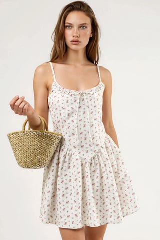 Floral U Collar Mini Dress with Tie Detail