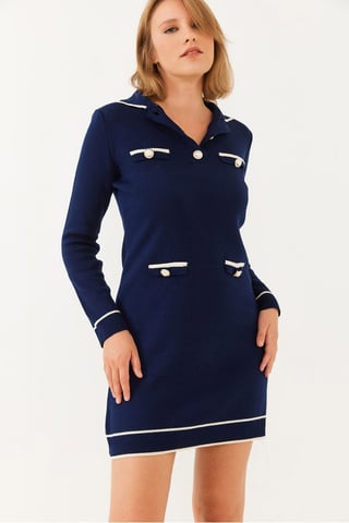 Ribbed Knit Dress with Shirt Collar