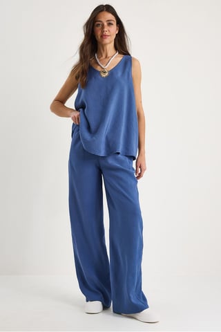 V-Neck Cotton Blouse-Pants Two-Piece Set