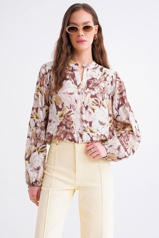 Floral Print Long Sleeve Mandarin Collar Blouse