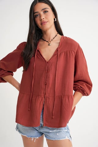 Long Sleeve Relaxed Fit Blouse with Tie-Neck