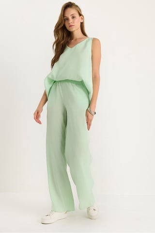 V-Neck Cotton Blouse-Pants Two-Piece Set