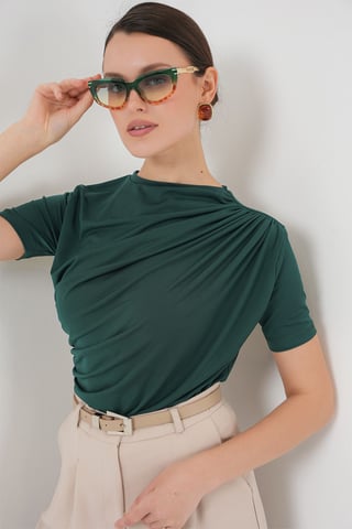 Fitted Ruffle Detail Blouse with Crew Neck