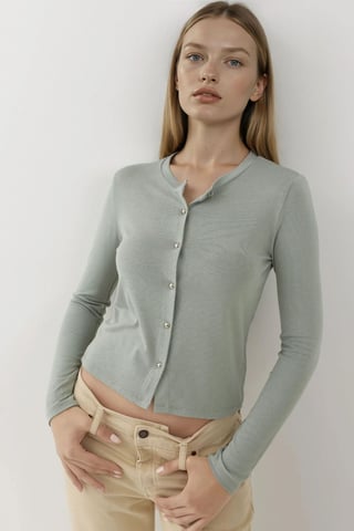 Buttoned Crew Neck Long Sleeve Top