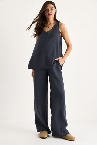 V-Neck Cotton Blouse-Pants Two-Piece Set