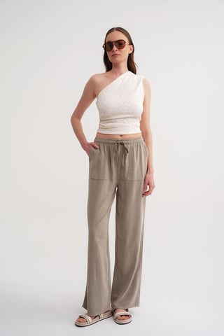 Mid Waist Straight Leg Cotton Pants with Tie Closure