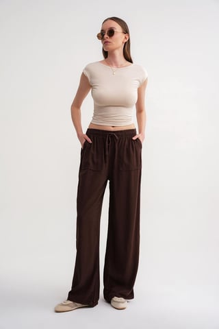 Mid Waist Straight Leg Cotton Pants with Tie Closure
