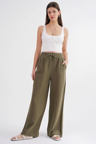 High Waist Textured Muslin Fabric Pants