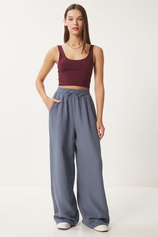 Wide Leg Drawstring Waist Pants with Binding Detail