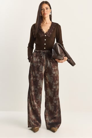 High Waist Wide Leg Patterned Pants with Binding Detail