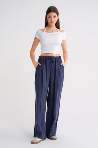High Waist Modal Pleated Palazzo Pants with Drawstring