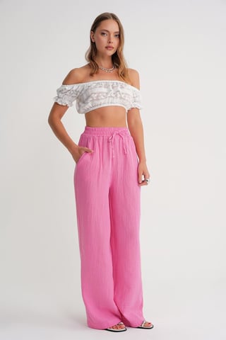 High Waist Textured Muslin Fabric Pants