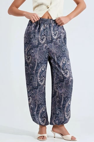 Patterned Baggy Fit Elastic Leg Pants with Pockets