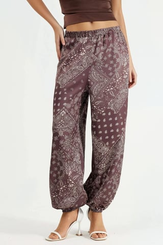 Patterned Baggy Fit Elastic Leg Pants with Pockets