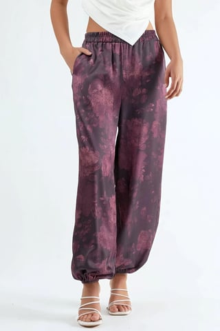 Patterned Baggy Fit Elastic Leg Pants with Pockets