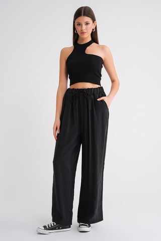 High Waist Modal Pleated Palazzo Pants with Drawstring