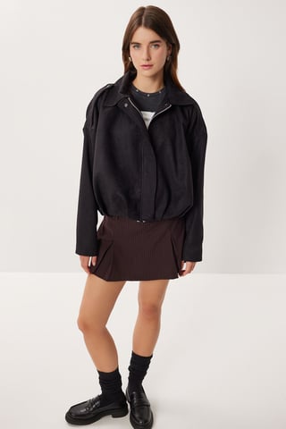 Suede Bomber Jacket with Zipper Closure