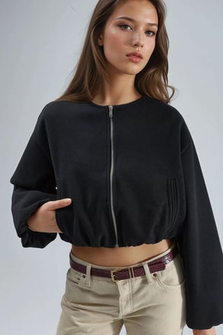 Crop Gabardine Jacket with Zipper and Pocket