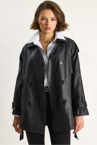 Double Breasted Faux Leather Trench Coat