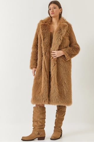 Long Faux Fur Coat with Shawl Collar