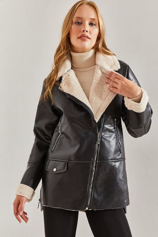 Faux Leather Zip-Front Jacket with Faux Fur Trim