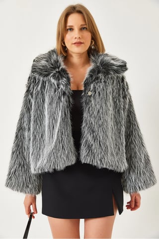 Cropped Open-Front Faux Fur Coat with Long Sleeves
