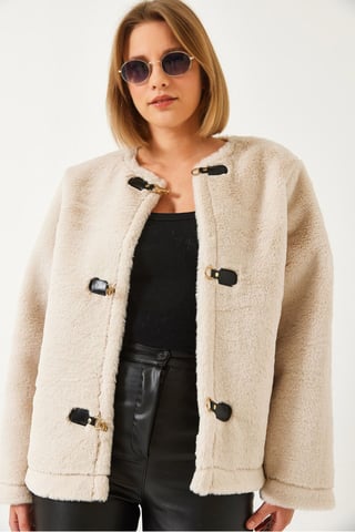 Faux Fur Kavaj utan Krage med Snörning