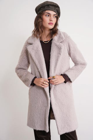 Textured Long Coat with Jacket Collar
