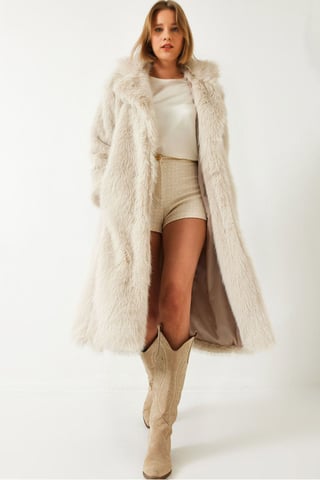 Long Faux Fur Coat with Shawl Collar