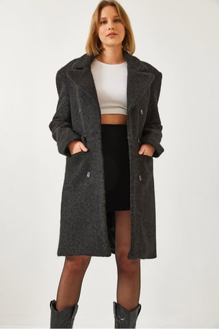 Textured Double Breasted Wool Coat with Pockets