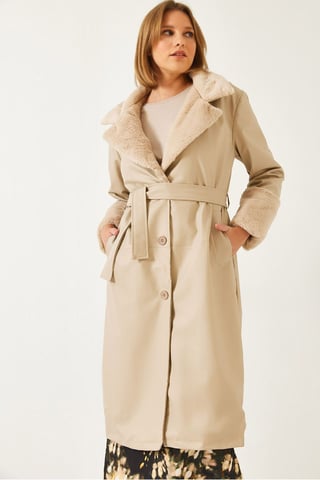 Faux Fur Detailed Long Faux Leather Trench Coat