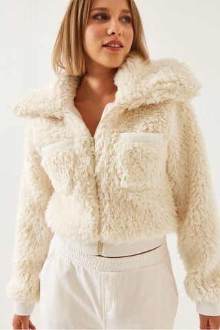 Textured Faux Fur Crop Coat with Zipper Collar