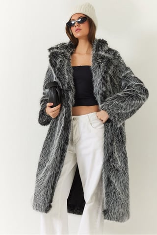 Long Faux Fur Coat with Shawl Collar